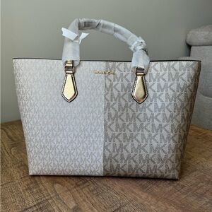 NWT Michael Kors Sheila Large Shoulder Tote – MK Color-Block Pale Gold